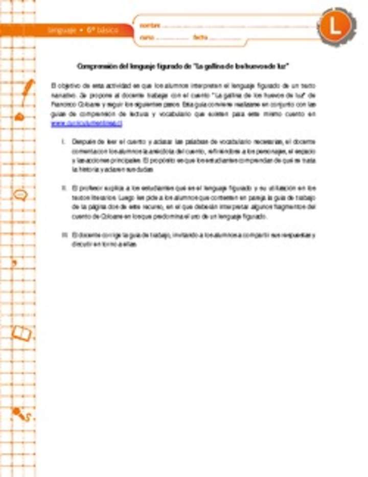 Comprensión del lenguaje figurado de "La gallina de los huevos de luz" Comprensión del lenguaje figurado de "La gallina de los huevos de luz"