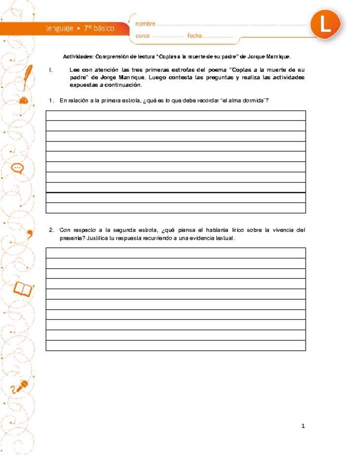 Comprensión de lectura "Coplas a la muerte de su padre" Comprensión de lectura "Coplas a la muerte de su padre"