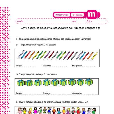 Adiciones y sustracciones con números menores a 20 a Adiciones y sustracciones con números menores a 20 a
