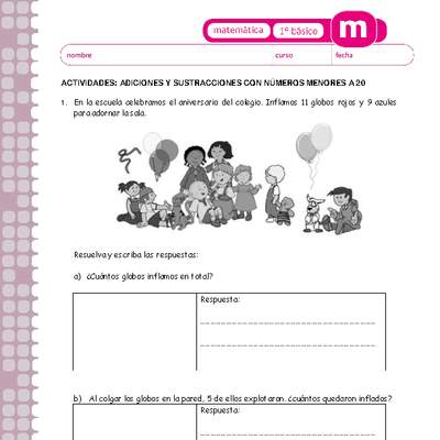 Adiciones y sustracciones con números menores a 20 c Adiciones y sustracciones con números menores a 20 c