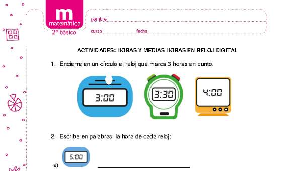Horas y medias horas en reloj digital Horas y medias horas en reloj digital