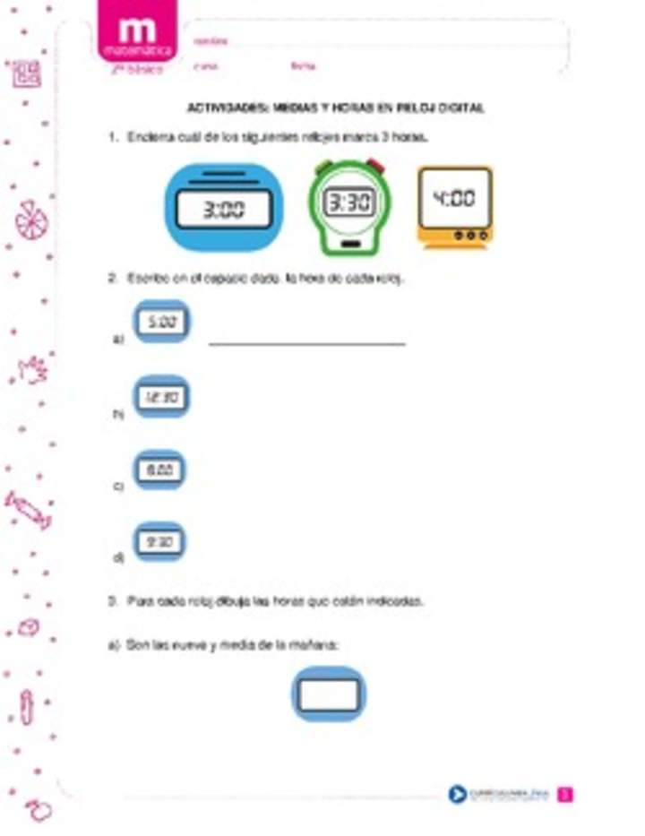 Horas y medias horas en reloj digital Horas y medias horas en reloj digital