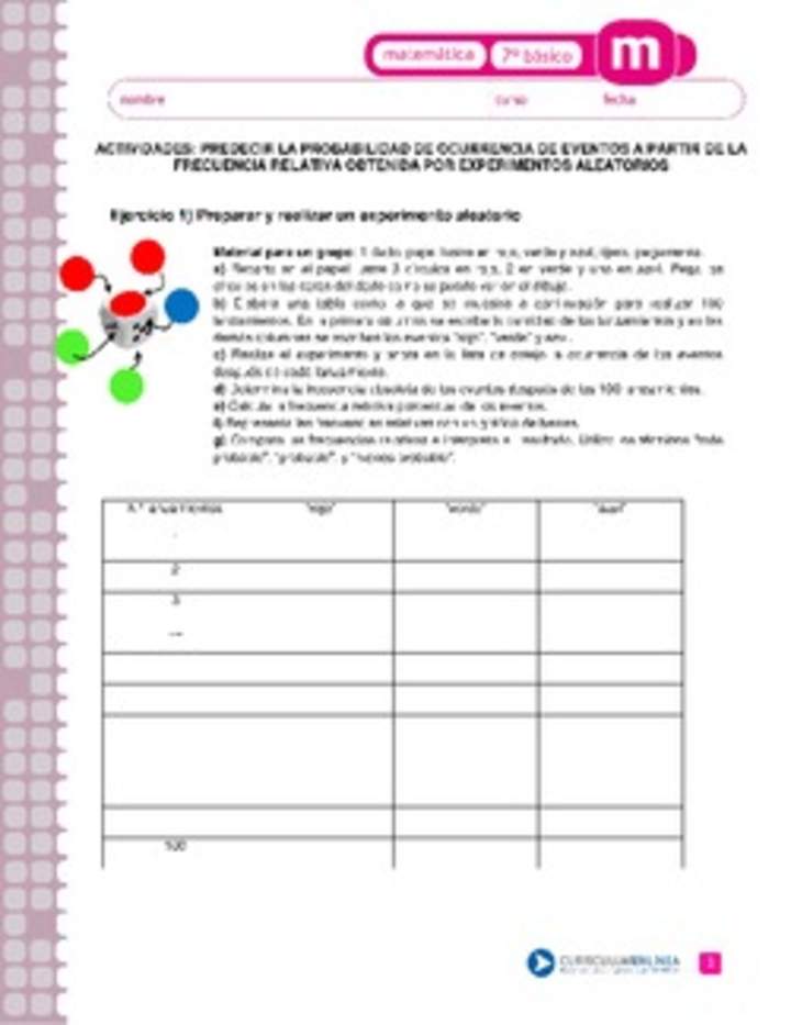 Predecir la probabilidad de ocurrencia de eventos a partir de la frecuencia relativa obtenida por experimentos aleatorios Predecir la probabilidad de ocurrencia de eventos a partir de la frecuencia relativa obtenida por experimentos aleatorios