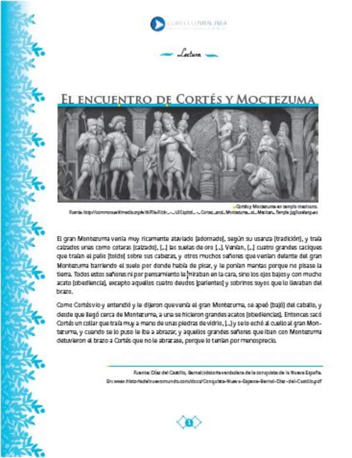 Lectura sobre el encuentro entre Cortés y Moctezuma Lectura sobre el encuentro entre Cortés y Moctezuma