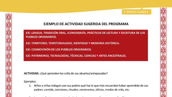 Actividad sugerida: LC01 - Colla - U4 - N°2: ¿Qué aprenden los colla de sus abuelos/antepasados? Actividad sugerida: LC01 - Colla - U4 - N°2: ¿Qué aprenden los colla de sus abuelos/antepasados?