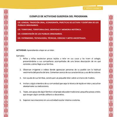 Actividad sugerida: LC01 - Colla - U4 - N°4: Aprendiendo a tejer en un telar. Actividad sugerida: LC01 - Colla - U4 - N°4: Aprendiendo a tejer en un telar.