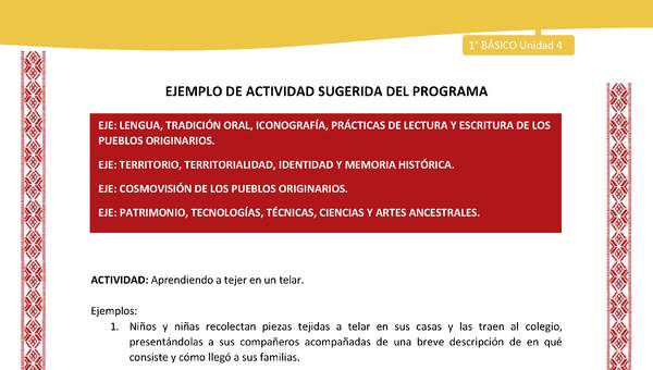 Actividad sugerida: LC01 - Colla - U4 - N°4: Aprendiendo a tejer en un telar. Actividad sugerida: LC01 - Colla - U4 - N°4: Aprendiendo a tejer en un telar.