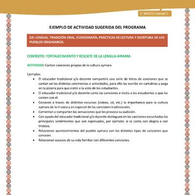 Actividad sugerida LC01 - Aymara - U02 - N°27: Cantan canciones propias de la cultura aymara Actividad sugerida LC01 - Aymara - U02 - N°27: Cantan canciones propias de la cultura aymara