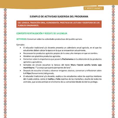 Actividad sugerida LC01 - Aymara - U01 - N°8: Conversan sobre las actividades productivas del pueblo aymara. Actividad sugerida LC01 - Aymara - U01 - N°8: Conversan sobre las actividades productivas del pueblo aymara.