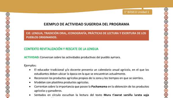 Actividad sugerida LC01 - Aymara - U01 - N°8: Conversan sobre las actividades productivas del pueblo aymara. Actividad sugerida LC01 - Aymara - U01 - N°8: Conversan sobre las actividades productivas del pueblo aymara.