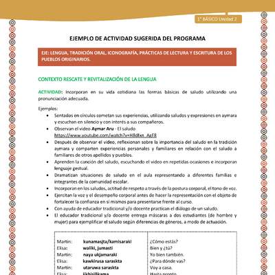 Actividad sugerida LC01 - Aymara - U02 - N°08: : Incorporan en su vida cotidiana las formas básicas de saludo utilizando una pronunciación adecuada Actividad sugerida LC01 - Aymara - U02 - N°08: : Incorporan en su vida cotidiana las formas básicas de saludo utilizando una pronunciación adecuada