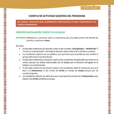Actividad sugerida LC01 - Aymara - U02 - N°03: Reflexionan y conversan sobre la importancia para el pueblo aymara del periodo de siembra y cosecha en anata Actividad sugerida LC01 - Aymara - U02 - N°03: Reflexionan y conversan sobre la importancia para el pueblo aymara del periodo de siembra y cosecha en anata