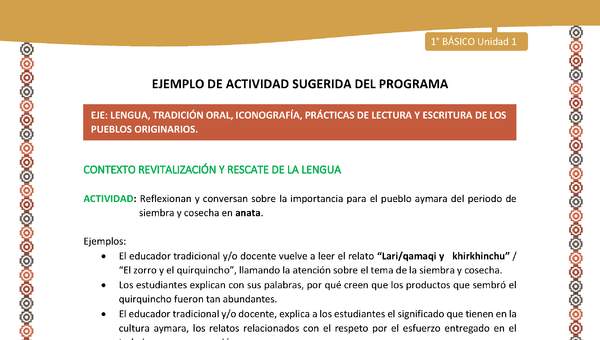 Actividad sugerida LC01 - Aymara - U02 - N°03: Reflexionan y conversan sobre la importancia para el pueblo aymara del periodo de siembra y cosecha en anata Actividad sugerida LC01 - Aymara - U02 - N°03: Reflexionan y conversan sobre la importancia para el pueblo aymara del periodo de siembra y cosecha en anata