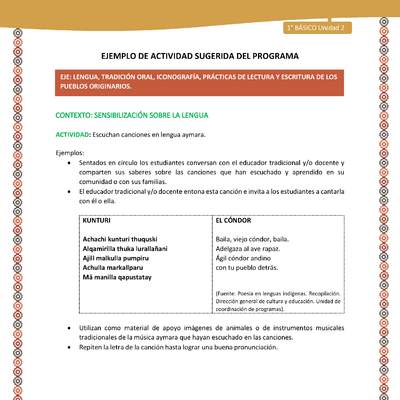Actividad sugerida LC01 - Aymara - U02 - N°18: Escuchan canciones en lengua aymara Actividad sugerida LC01 - Aymara - U02 - N°18: Escuchan canciones en lengua aymara