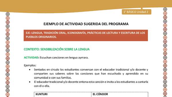 Actividad sugerida LC01 - Aymara - U02 - N°18: Escuchan canciones en lengua aymara Actividad sugerida LC01 - Aymara - U02 - N°18: Escuchan canciones en lengua aymara