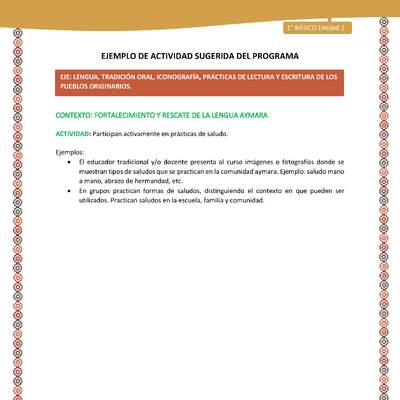 Actividad sugerida LC01 - Aymara - U02 - N°14: Participan activamente en prácticas de saludo Actividad sugerida LC01 - Aymara - U02 - N°14: Participan activamente en prácticas de saludo