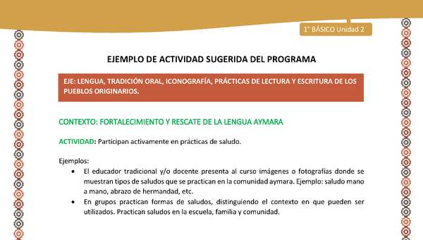 Actividad sugerida LC01 - Aymara - U02 - N°14: Participan activamente en prácticas de saludo Actividad sugerida LC01 - Aymara - U02 - N°14: Participan activamente en prácticas de saludo