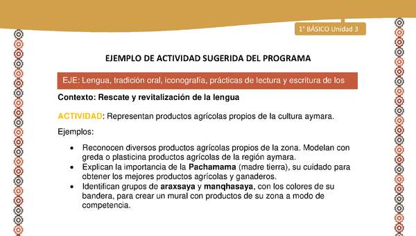 Actividad sugerida LC01 - Aymara - U03 - Nº19: Representan productos agrícolas propios de la cultura aymara. Actividad sugerida LC01 - Aymara - U03 - Nº19: Representan productos agrícolas propios de la cultura aymara.