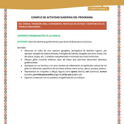 Actividad sugerida LC01 - Aymara - U04 - N°05: Ejercitan destrezas grafomotrices que sirven de base para la escritura