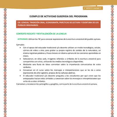Actividad sugerida LC01 - Aymara - U02 - N°09: Utilizan las TIC para conocer expresiones de la escritura ancestral del pueblo aymara Actividad sugerida LC01 - Aymara - U02 - N°09: Utilizan las TIC para conocer expresiones de la escritura ancestral del pueblo aymara