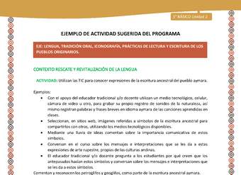 Actividad sugerida LC01 - Aymara - U02 - N°09: Utilizan las TIC para conocer expresiones de la escritura ancestral del pueblo aymara Actividad sugerida LC01 - Aymara - U02 - N°09: Utilizan las TIC para conocer expresiones de la escritura ancestral del pueblo aymara