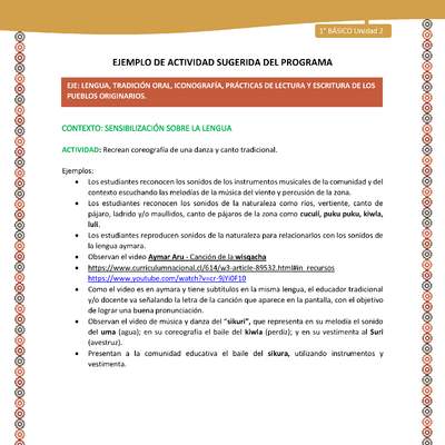 Actividad sugerida LC01 - Aymara - U02 - N°04: Recrean coreografía de una danza y canto tradicional Actividad sugerida LC01 - Aymara - U02 - N°04: Recrean coreografía de una danza y canto tradicional