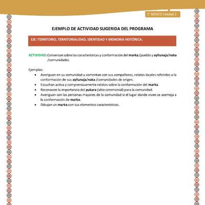 Actividad sugerida LC01 - Aymara - U01 - N°13: Conversan sobre las características y conformación del marka /pueblo y ayllunaja/naka /comunidades Actividad sugerida LC01 - Aymara - U01 - N°13: Conversan sobre las características y conformación del marka /pueblo y ayllunaja/naka /comunidades