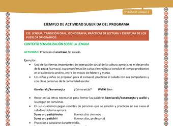 Actividad sugerida LC01 - Aymara - U01 - N°2:  Practican el aruntawi /el saludo. Actividad sugerida LC01 - Aymara - U01 - N°2:  Practican el aruntawi /el saludo.