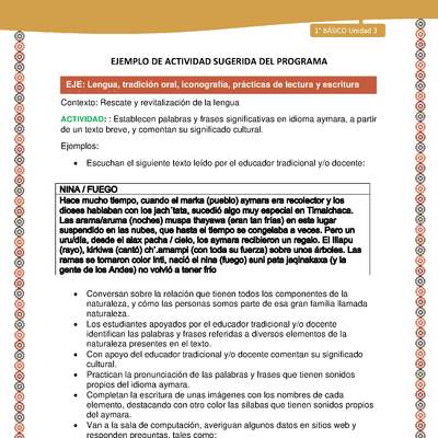 Actividad sugerida LC01 - Aymara - U03 - N°07: Establecen palabras y frases significativas en idioma aymara, a partir de un texto breve, y comentan su significado cultural.l Actividad sugerida LC01 - Aymara - U03 - N°07: Establecen palabras y frases significativas en idioma aymara, a partir de un texto breve, y comentan su significado cultural.l