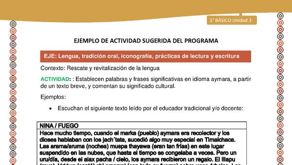 Actividad sugerida LC01 - Aymara - U03 - N°07: Establecen palabras y frases significativas en idioma aymara, a partir de un texto breve, y comentan su significado cultural.l Actividad sugerida LC01 - Aymara - U03 - N°07: Establecen palabras y frases significativas en idioma aymara, a partir de un texto breve, y comentan su significado cultural.l