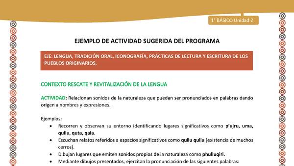 Actividad sugerida LC01 - Aymara - U02 - N°07: Relacionan sonidos de la naturaleza que puedan ser pronunciados en palabras dando origen a nombres y expresiones Actividad sugerida LC01 - Aymara - U02 - N°07: Relacionan sonidos de la naturaleza que puedan ser pronunciados en palabras dando origen a nombres y expresiones