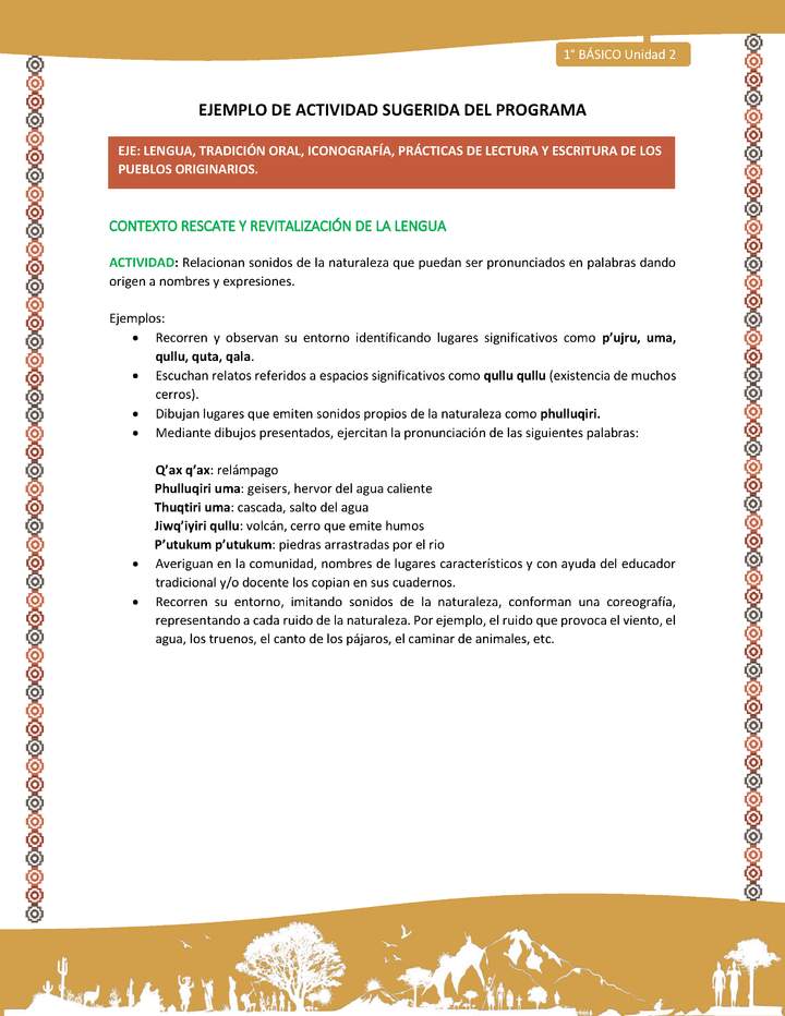 Actividad sugerida LC01 - Aymara - U02 - N°07: Relacionan sonidos de la naturaleza que puedan ser pronunciados en palabras dando origen a nombres y expresiones Actividad sugerida LC01 - Aymara - U02 - N°07: Relacionan sonidos de la naturaleza que puedan ser pronunciados en palabras dando origen a nombres y expresiones