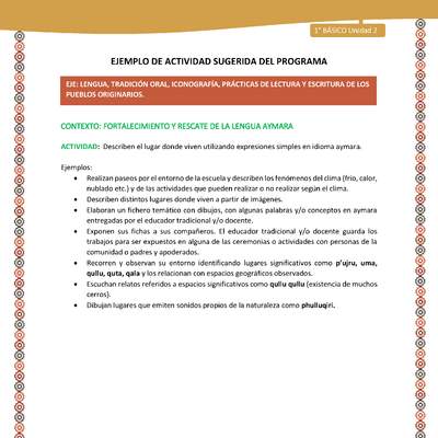 Actividad sugerida LC01 - Aymara - U02 - N°24: Describen el lugar donde viven utilizando expresiones simples en idioma aymara Actividad sugerida LC01 - Aymara - U02 - N°24: Describen el lugar donde viven utilizando expresiones simples en idioma aymara