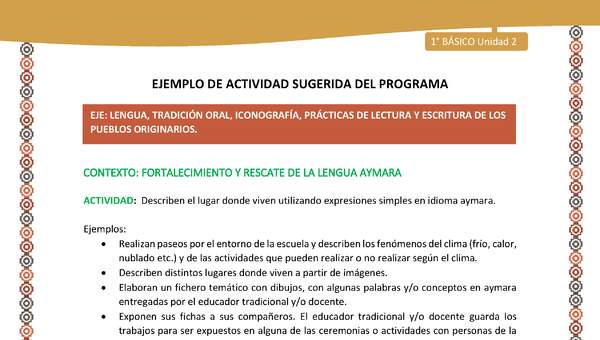 Actividad sugerida LC01 - Aymara - U02 - N°24: Describen el lugar donde viven utilizando expresiones simples en idioma aymara Actividad sugerida LC01 - Aymara - U02 - N°24: Describen el lugar donde viven utilizando expresiones simples en idioma aymara