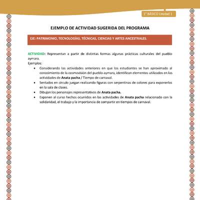 Actividad sugerida LC01 - Aymara - U01 - N°22: Representan a partir de distintas formas algunas prácticas culturales del pueblo aymara Actividad sugerida LC01 - Aymara - U01 - N°22: Representan a partir de distintas formas algunas prácticas culturales del pueblo aymara