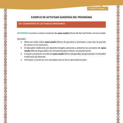 Actividad sugerida LC01 - Aymara - U01 - N°21: Escuchan y cantan canciones de uywa wayñu (floreo de llamas) frente a la comunidad Actividad sugerida LC01 - Aymara - U01 - N°21: Escuchan y cantan canciones de uywa wayñu (floreo de llamas) frente a la comunidad