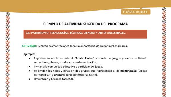 Actividad sugerida LC01 - Aymara - U01 - N°24: Realizan dramatizaciones sobre la importancia de cuidar la Pachamama Actividad sugerida LC01 - Aymara - U01 - N°24: Realizan dramatizaciones sobre la importancia de cuidar la Pachamama