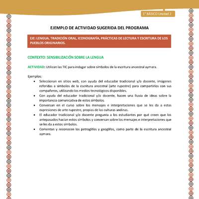Actividad sugerida LC01 - Aymara - U02 - N°06: Utilizan las TIC para indagar sobre símbolos de la escritura ancestral aymara Actividad sugerida LC01 - Aymara - U02 - N°06: Utilizan las TIC para indagar sobre símbolos de la escritura ancestral aymara