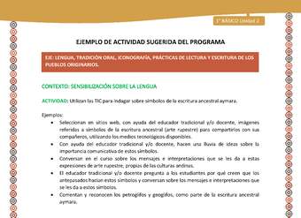 Actividad sugerida LC01 - Aymara - U02 - N°06: Utilizan las TIC para indagar sobre símbolos de la escritura ancestral aymara Actividad sugerida LC01 - Aymara - U02 - N°06: Utilizan las TIC para indagar sobre símbolos de la escritura ancestral aymara