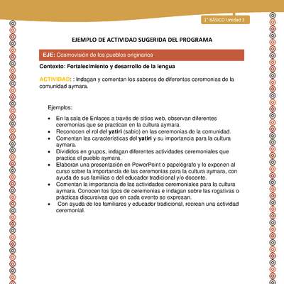 Actividad sugerida LC01 - Aymara - U03 - N°14:  Indagan y comentan los saberes de diferentes ceremonias de la comunidad aymara Actividad sugerida LC01 - Aymara - U03 - N°14:  Indagan y comentan los saberes de diferentes ceremonias de la comunidad aymara
