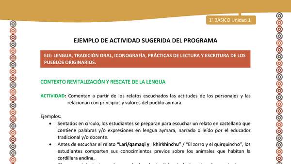 Actividad sugerida LC01 - Aymara - U01 - N°4: Comentan a partir de los relatos escuchados las actitudes de los personajes y las relacionan con principios y valores del pueblo Aymara. Actividad sugerida LC01 - Aymara - U01 - N°4: Comentan a partir de los relatos escuchados las actitudes de los personajes y las relacionan con principios y valores del pueblo Aymara.