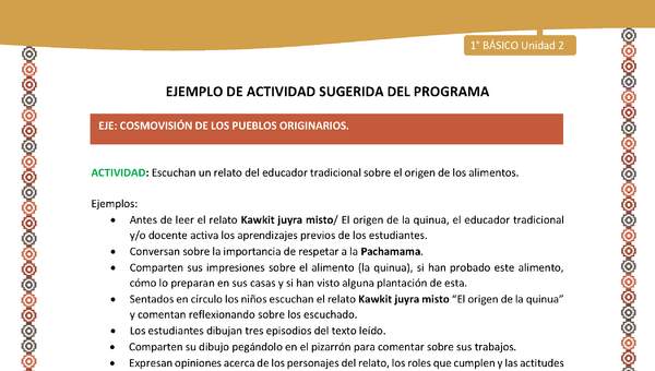 Actividad sugerida LC01 - Aymara - U02 - N°29: Escuchan un relato del educador tradicional sobre el origen de los alimentos Actividad sugerida LC01 - Aymara - U02 - N°29: Escuchan un relato del educador tradicional sobre el origen de los alimentos