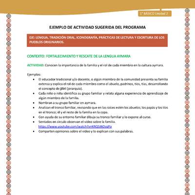 Actividad sugerida LC01 - Aymara - U02 - N°25:  Conocen la importancia de la familia y el rol de cada miembro en la cultura aymara Actividad sugerida LC01 - Aymara - U02 - N°25:  Conocen la importancia de la familia y el rol de cada miembro en la cultura aymara