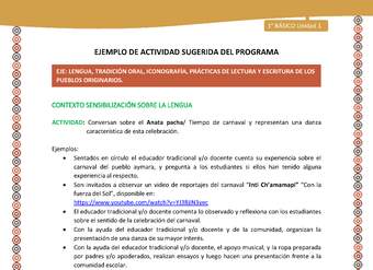 Actividad sugerida LC01 - Aymara - U01 - N°3: Conversan sobre el Anata pacha/ Tiempo de carnaval y representan una danza característica de esta celebración. Actividad sugerida LC01 - Aymara - U01 - N°3: Conversan sobre el Anata pacha/ Tiempo de carnaval y representan una danza característica de esta celebración.