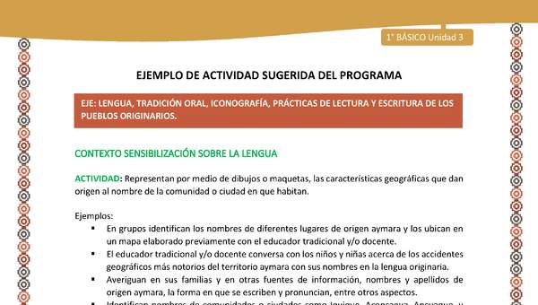 Actividad sugerida LC01 - Aymara - U03 - N°08: Representan por medio de dibujos o maquetas, las características geográficas que dan origen al nombre de la comunidad o ciudad en que habitan Actividad sugerida LC01 - Aymara - U03 - N°08: Representan por medio de dibujos o maquetas, las características geográficas que dan origen al nombre de la comunidad o ciudad en que habitan
