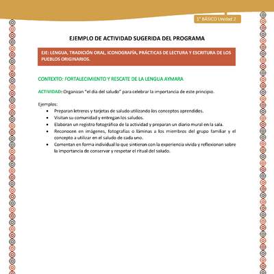 Actividad sugerida LC01 - Aymara - U02 - N°26: Organizan “el día del saludo” para celebrar la importancia de este principio Actividad sugerida LC01 - Aymara - U02 - N°26: Organizan “el día del saludo” para celebrar la importancia de este principio