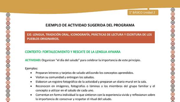 Actividad sugerida LC01 - Aymara - U02 - N°26: Organizan “el día del saludo” para celebrar la importancia de este principio Actividad sugerida LC01 - Aymara - U02 - N°26: Organizan “el día del saludo” para celebrar la importancia de este principio