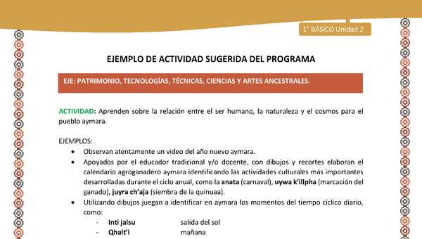 Actividad sugerida LC01 - Aymara - U02 - N°16: Aprenden sobre la relación entre el ser humano, la naturaleza y el cosmos para el pueblo aymara Actividad sugerida LC01 - Aymara - U02 - N°16: Aprenden sobre la relación entre el ser humano, la naturaleza y el cosmos para el pueblo aymara
