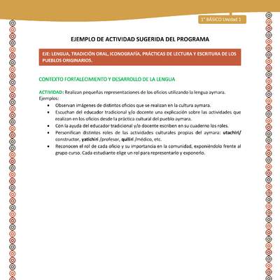 Actividad sugerida LC01 - Aymara - U01 - N°11: Realizan pequeñas representaciones de los oficios utilizando la lengua aymara Actividad sugerida LC01 - Aymara - U01 - N°11: Realizan pequeñas representaciones de los oficios utilizando la lengua aymara
