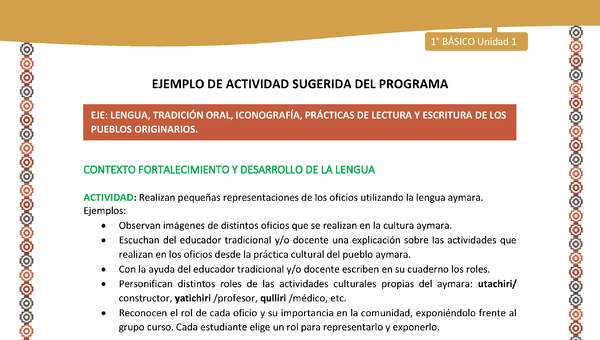 Actividad sugerida LC01 - Aymara - U01 - N°11: Realizan pequeñas representaciones de los oficios utilizando la lengua aymara Actividad sugerida LC01 - Aymara - U01 - N°11: Realizan pequeñas representaciones de los oficios utilizando la lengua aymara